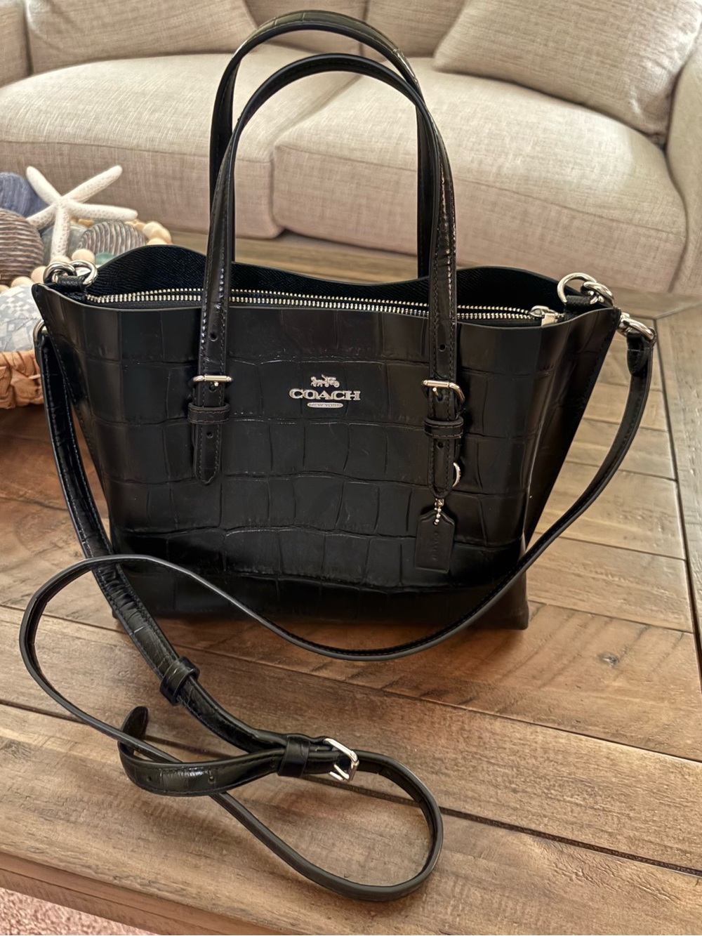 Coach Black Croc-Embossed Leather Shoulder Tote with Crossbody Strap